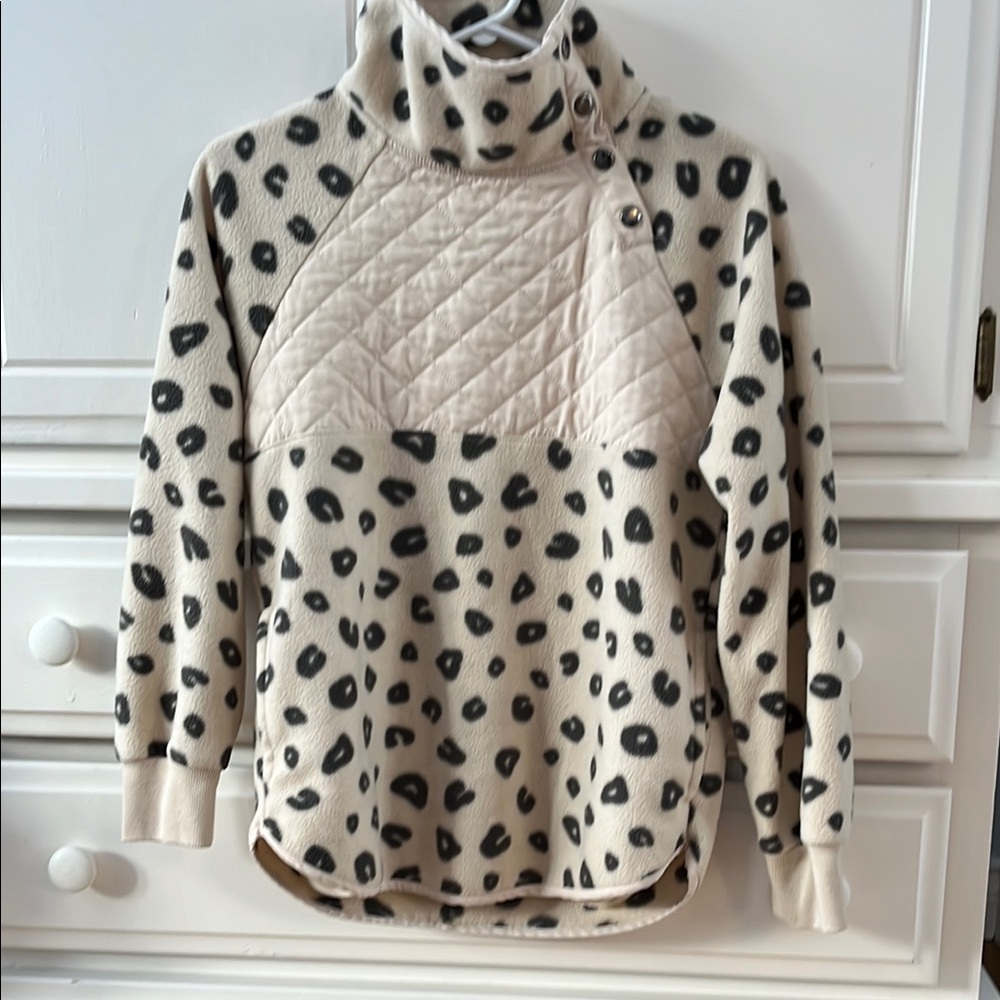 Pink Rose Cream and Black Polka Dot Sweatshirt with Turtleneck and Fuzzy Texture